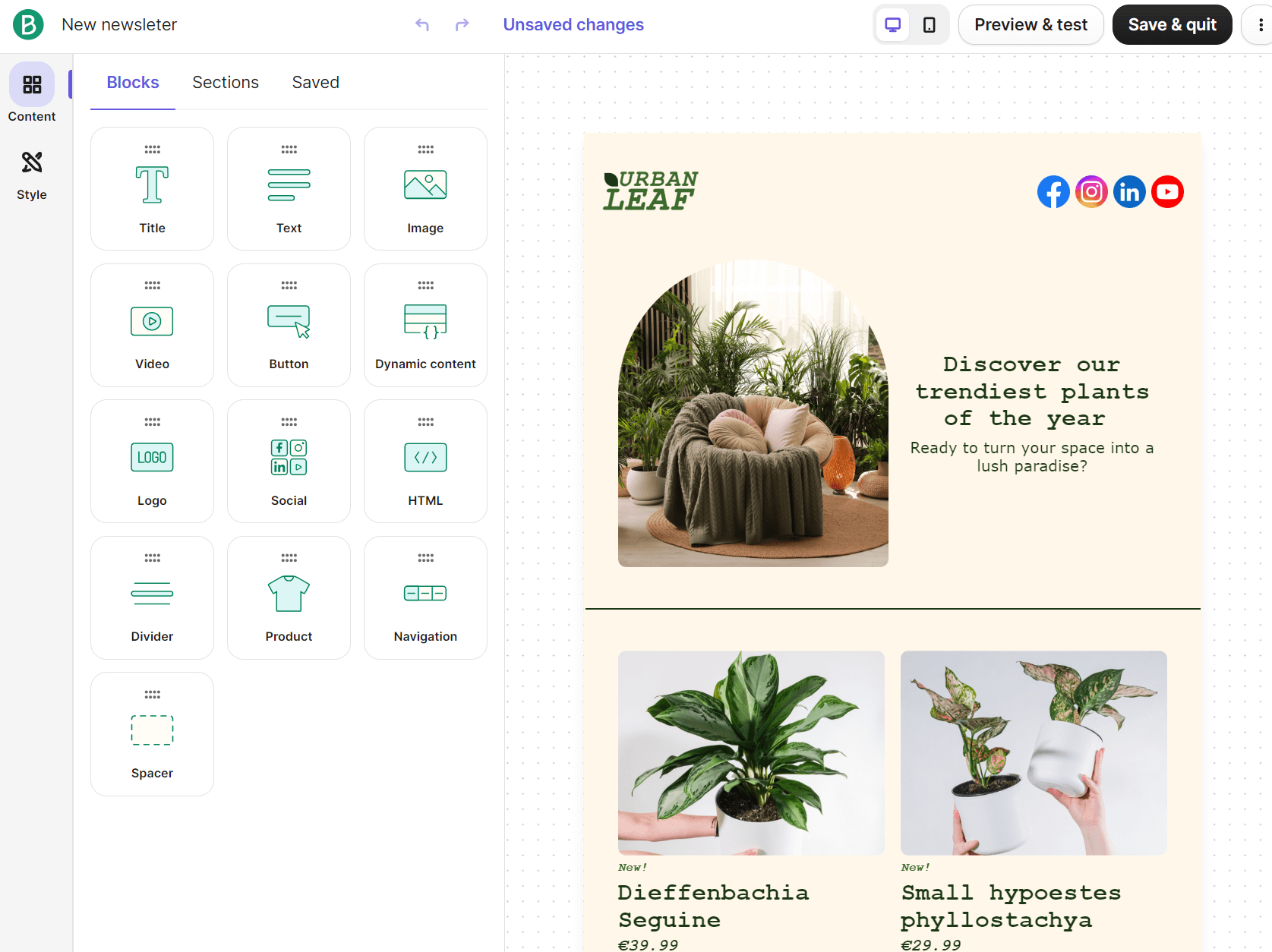 Brevo vs. MailerLite: A newsletter design interface shows plant-themed email content on the right and editing tools on the left. The preview features bold plants, the Urban Leaf logo, and pricing for Dieffenbachia Seguine and Small Hypoestes Phyllostachya.