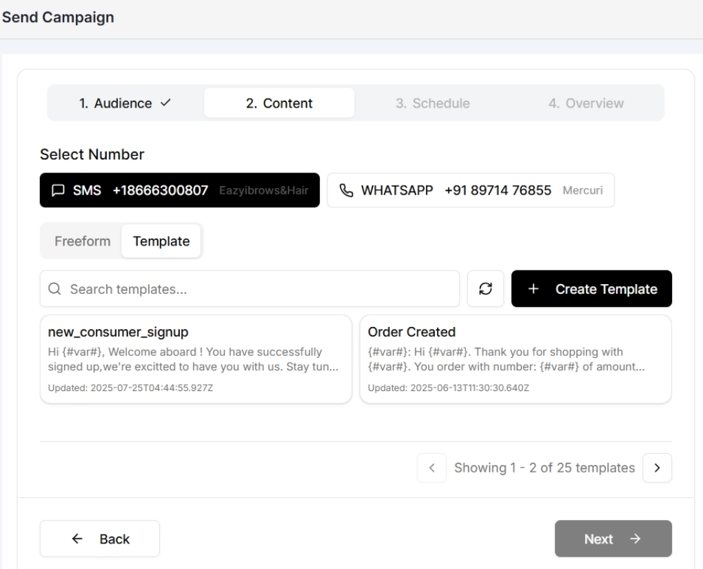 Wix SMS marketing: A campaign setup screen showing options to select phone numbers for SMS or WhatsApp, choose message templates, and buttons to create or search templates. Two templates are listed, and navigation buttons are at the bottom.