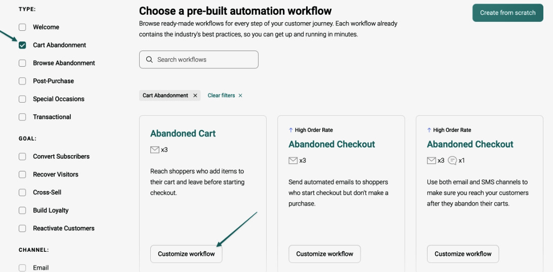 Shopify music store: Screenshot of a marketing automation platform showing options to create workflows for abandoned carts and abandoned checkouts, with filter menus on the left and “Customize workflow” buttons below each option.