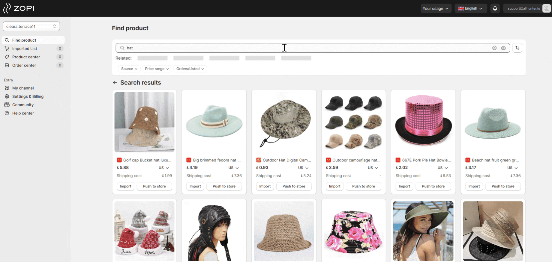 Best dropshipping apps for Shopify: Screenshot of a product search page on the ZOPI platform showing search results for hat with various hat styles displayed, including bucket hats, sun hats, camouflage hats, and a sequined pink hat.