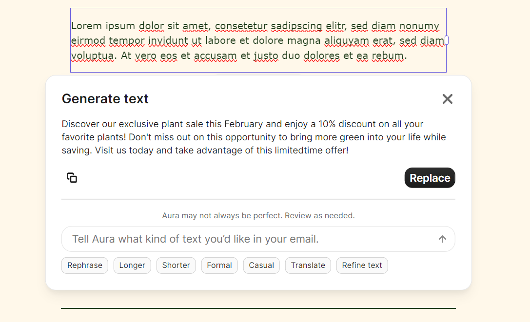 Brevo vs. MailerLite: A website popup offers a 10% discount on plants for February, with a text box to tell Aura the kind of text you’d like in your email. The background shows example highlighted and underlined lorem ipsum text.