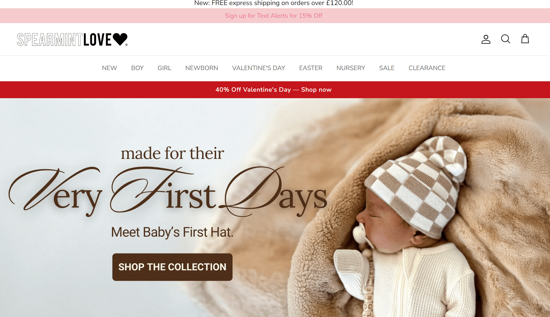 Shopify baby store: Spearmint Love home page