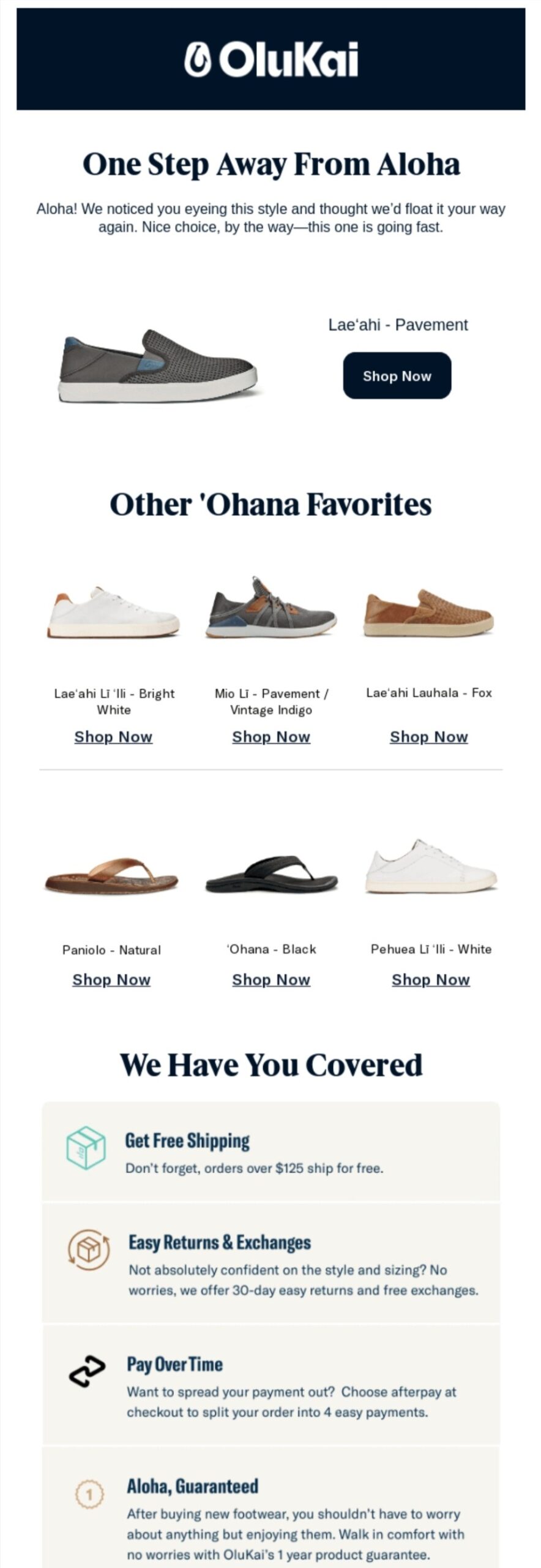 Email marketing examples: Screenshot of an Olukai email showcasing various shoes in neutral colors, including slip-ons, sandals, and sneakers, with options to shop and sections highlighting free shipping, easy returns, and pay-over-time options.