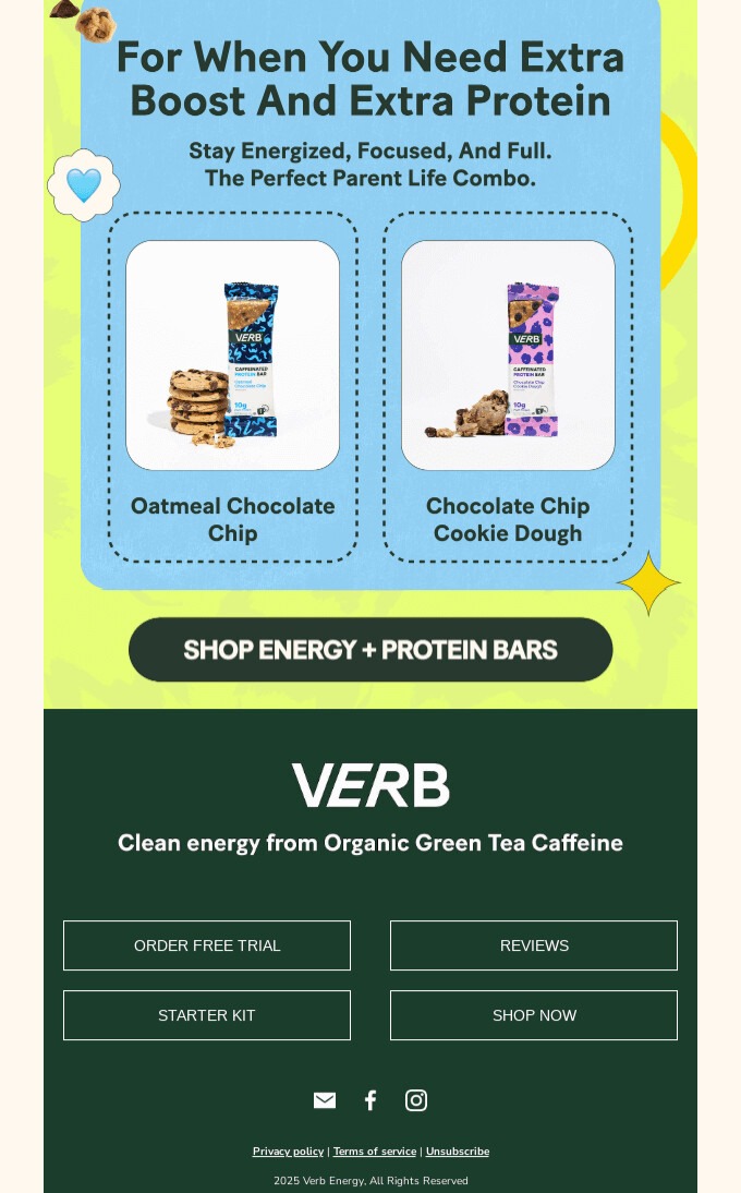Email design best practices: An ad for VERB protein bars shows oatmeal chocolate chip and chocolate chip cookie dough flavors, with buttons for shopping and learning more, set against a colorful background.