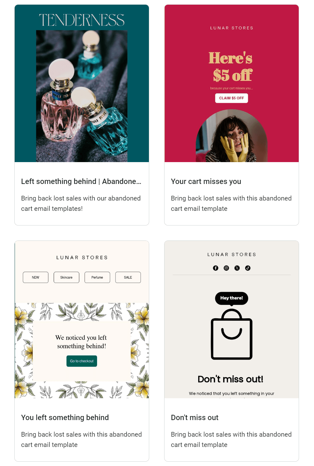 Abandoned cart email: Four promotional email templates for abandoned shopping cart reminders are shown, each with different designs, images, and messages encouraging customers to return and complete their purchase.