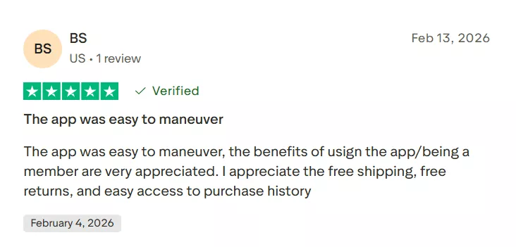 Shopify stores: A customer review for an app dated Feb 13, 2026, shows a 5-star rating and a Verified badge. The reviewer praises the app’s ease of use, free shipping, free returns, and access to purchase history.