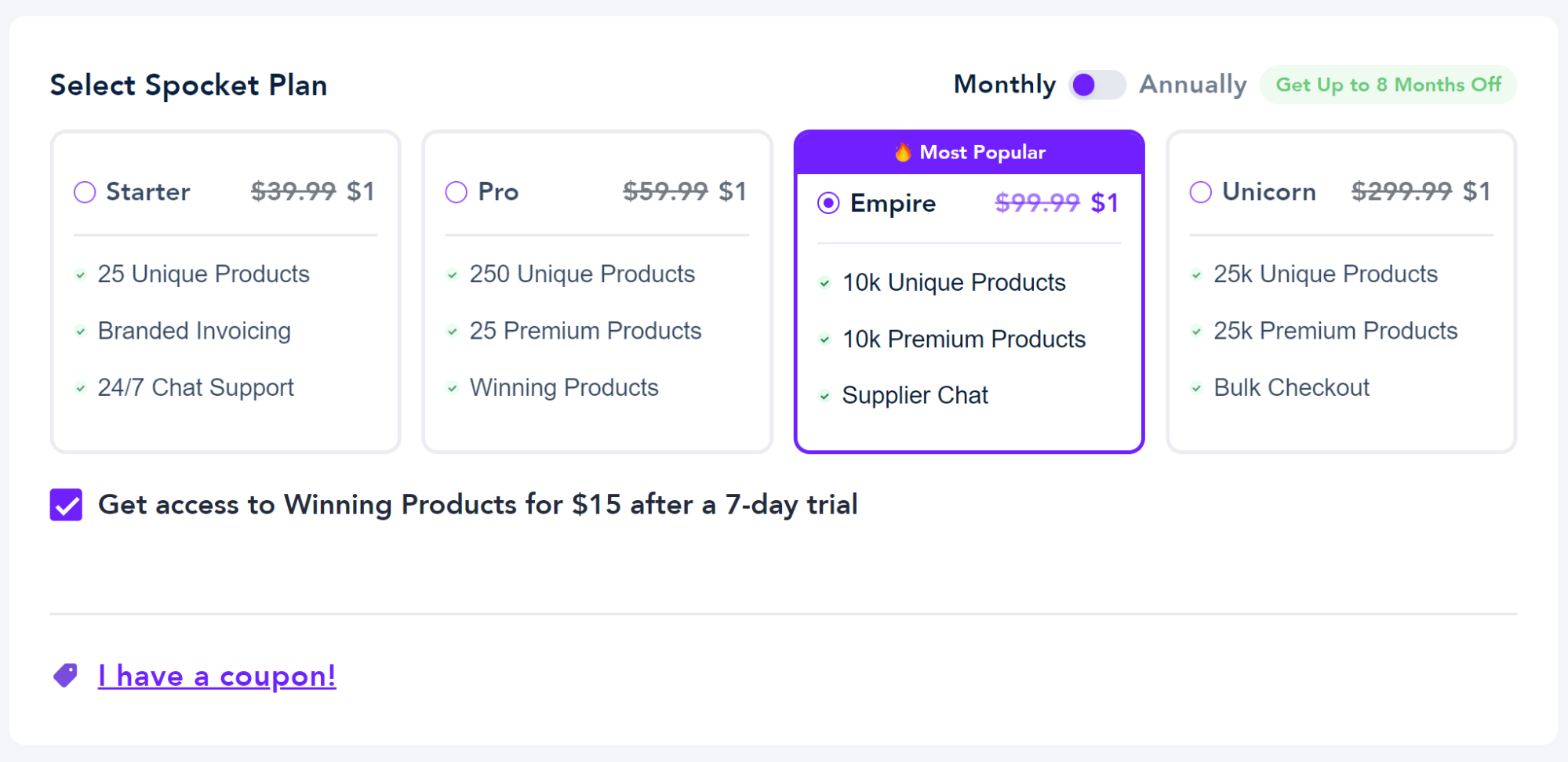 Best dropshipping apps for Shopify: Screenshot of Spocket pricing plans showing Starter, Pro, Empire (highlighted as Most Popular), and Unicorn options, each with discounted $1 monthly prices. An offer and coupon link are also visible.