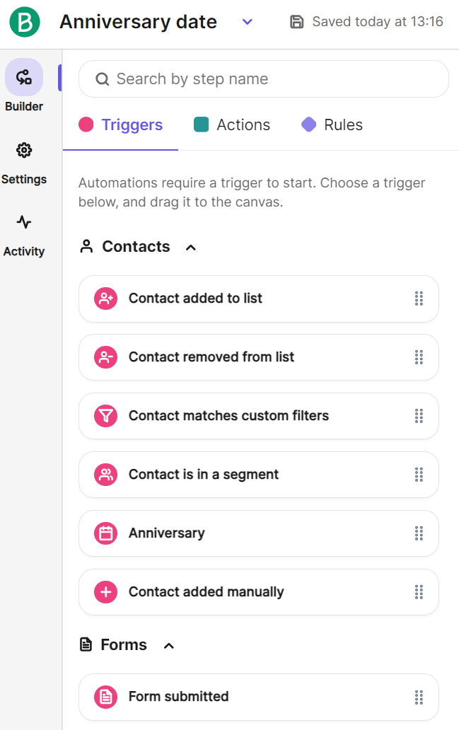 Brevo vs. MailerLite: A dashboard screen displays automation triggers for contacts and forms, including options like Contact added to list, Contact matches custom filters, Anniversary, and Form submitted. The Triggers tab is selected.