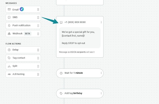 Wix SMS marketing: A digital interface shows an automated SMS flow, with a message saying “We’ve got a special gift for you, {{contact.first_name}}! Reply STOP to opt-out” being sent to a masked phone number. An arrow points to the SMS message.