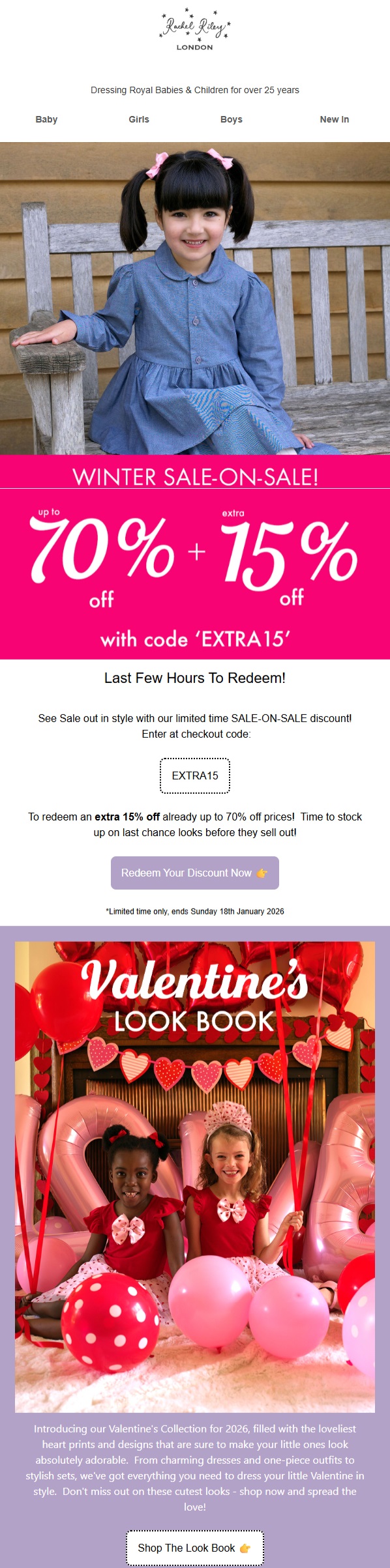 Email marketing examples: A young girl in a blue dress sits on a wooden bench. Promotional text advertises a winter sale with 70% + 15% off using code EXTRA15. Below, two girls in red dresses sit among pink Valentine’s Day decorations.