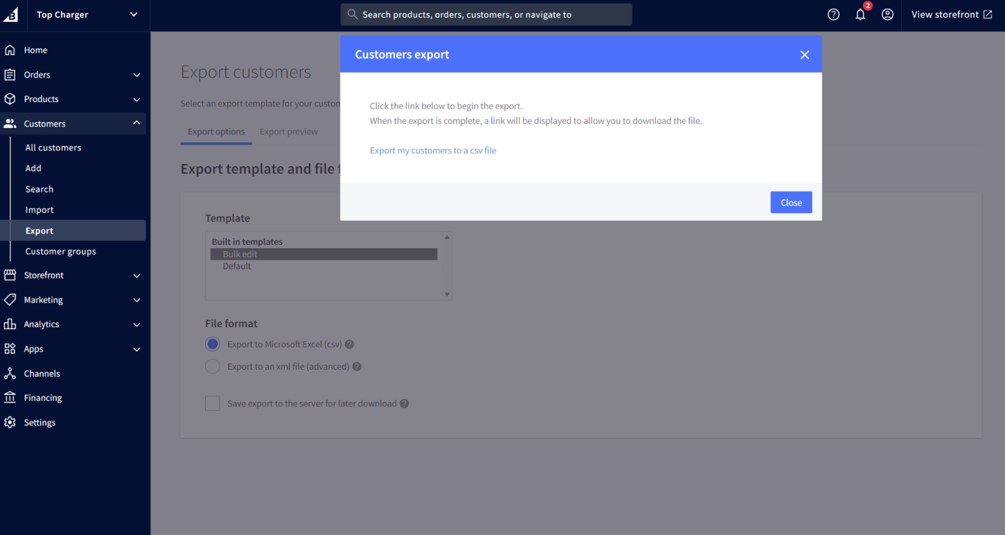 BigCommerce to WooCommerce migration: A website screen shows an “Export customers” page with a pop-up labeled “Customers export,” prompting users to export customer data to a file. The pop-up has “Export my customers to a file” link and a “Close” button.