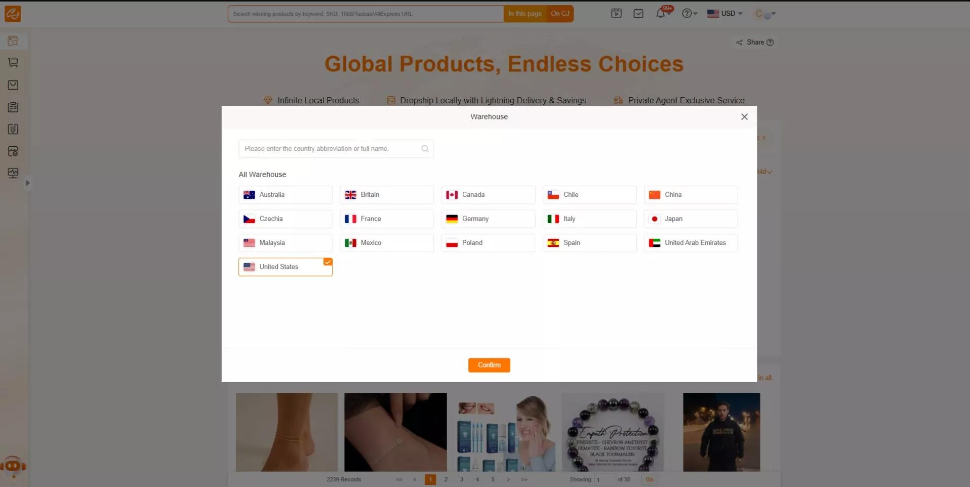 Best dropshipping apps for Shopify: A website pop-up window displays a list of countries to select a warehouse location, including United States, Australia, Canada, China, France, Germany, and others, each with their flag icons. The background shows blurred product images.