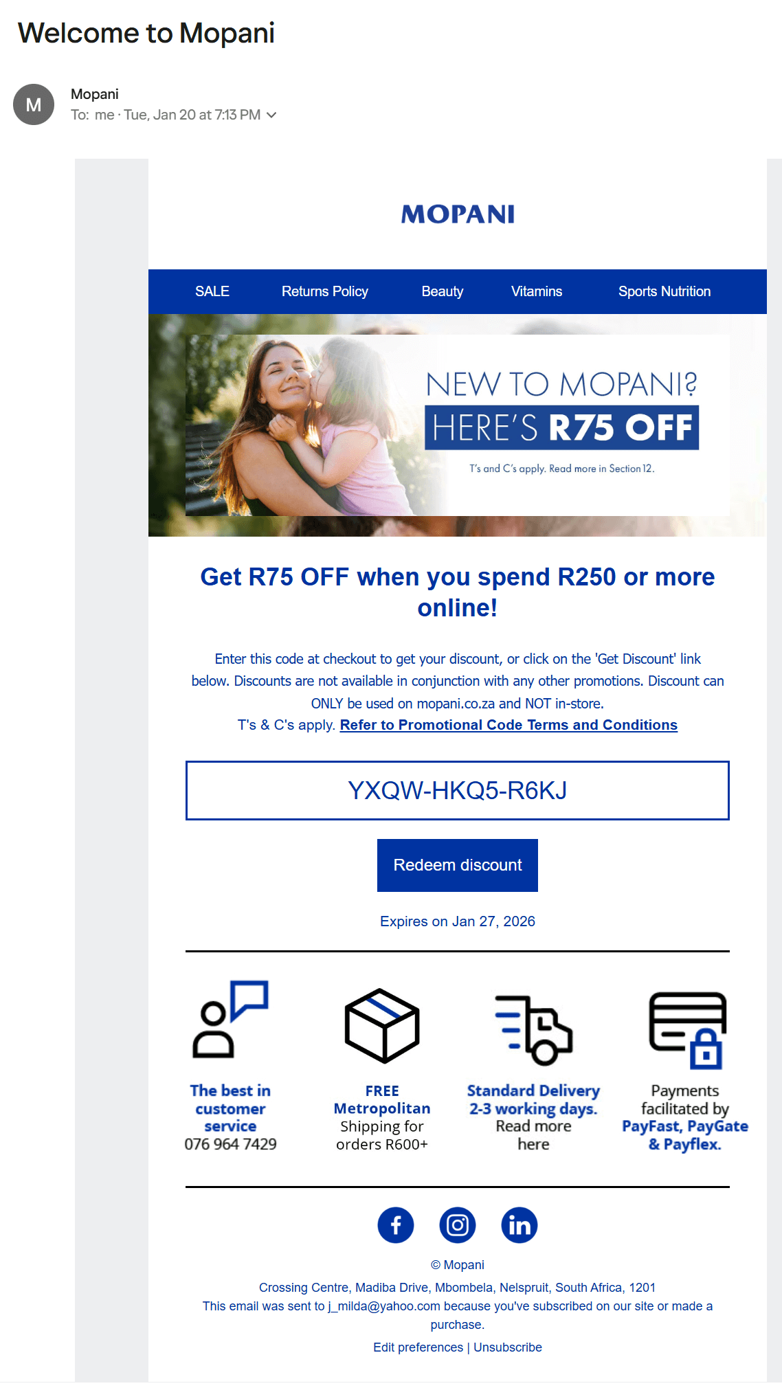 Abandoned cart email: Screenshot of a Mopani welcome email offering R75 off when spending R250 or more online, featuring a promo code, a woman with shopping bags, and icons for customer service, free shipping, and secure payments.