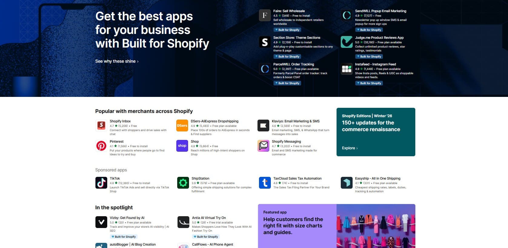 Magento vs Shopify: A Shopify apps webpage displays featured apps, popular apps, sponsored and spotlight apps, with sections and colorful icons on a white background, and a sidebar with updates and tips for Shopify merchants.