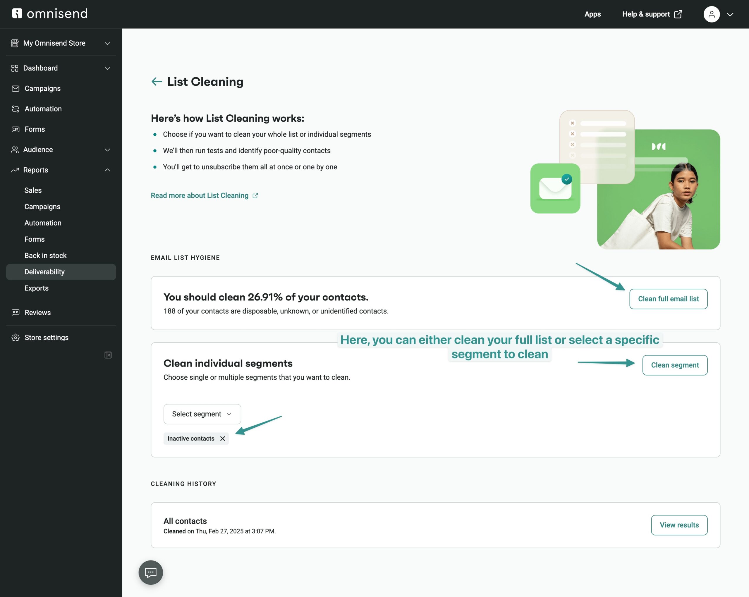 Email marketing strategy: A dashboard screen in Omnisend shows the List Cleaning page. Two arrows indicate options to clean the full email list or select a specific segment. An image of a woman in green is on the right side of the screen.
