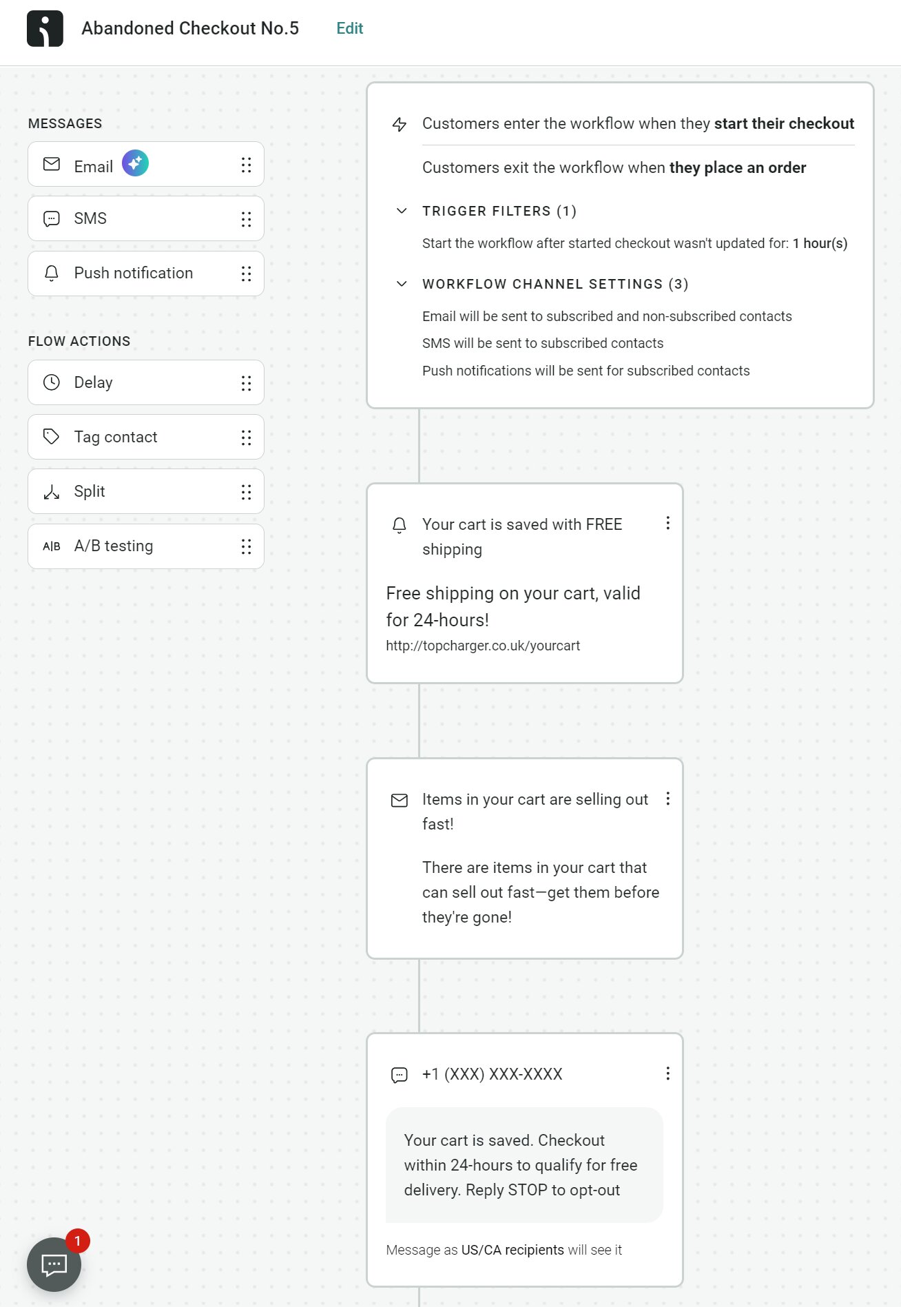 Shopify SMS notifications: A workflow automation interface titled Abandoned Checkout No.5, showing steps for email, SMS, and push notifications sent to customers who start checkout or place an order, with example messages for each channel.