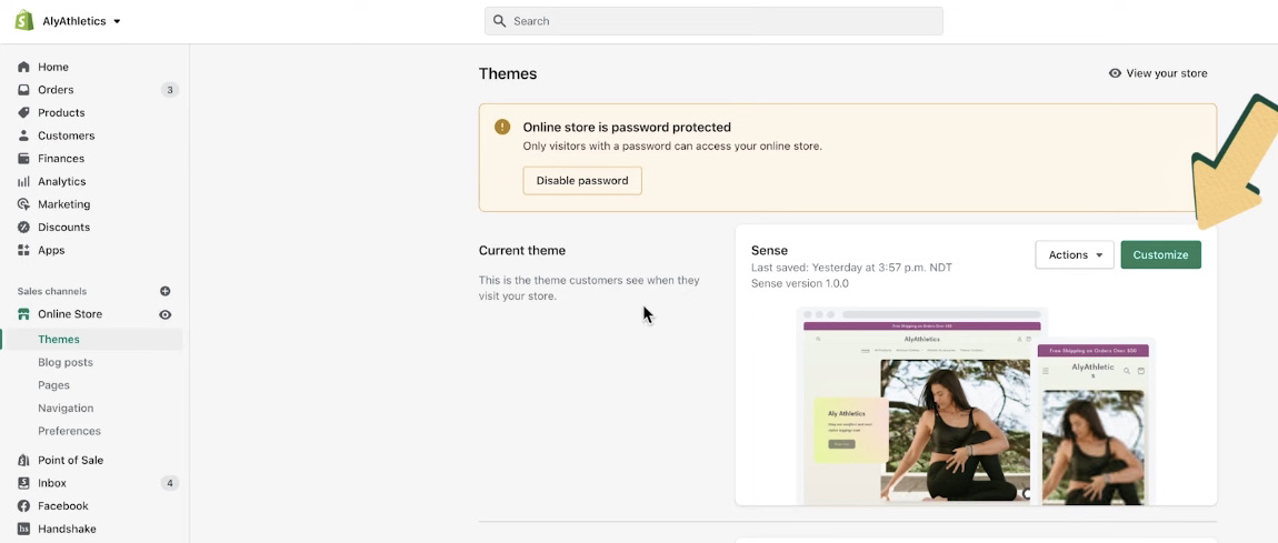 Shopify music store: Screenshot of a Shopify dashboard showing the “Themes” section for an online store. An arrow points to a green “Customize” button next to the store’s current theme preview.