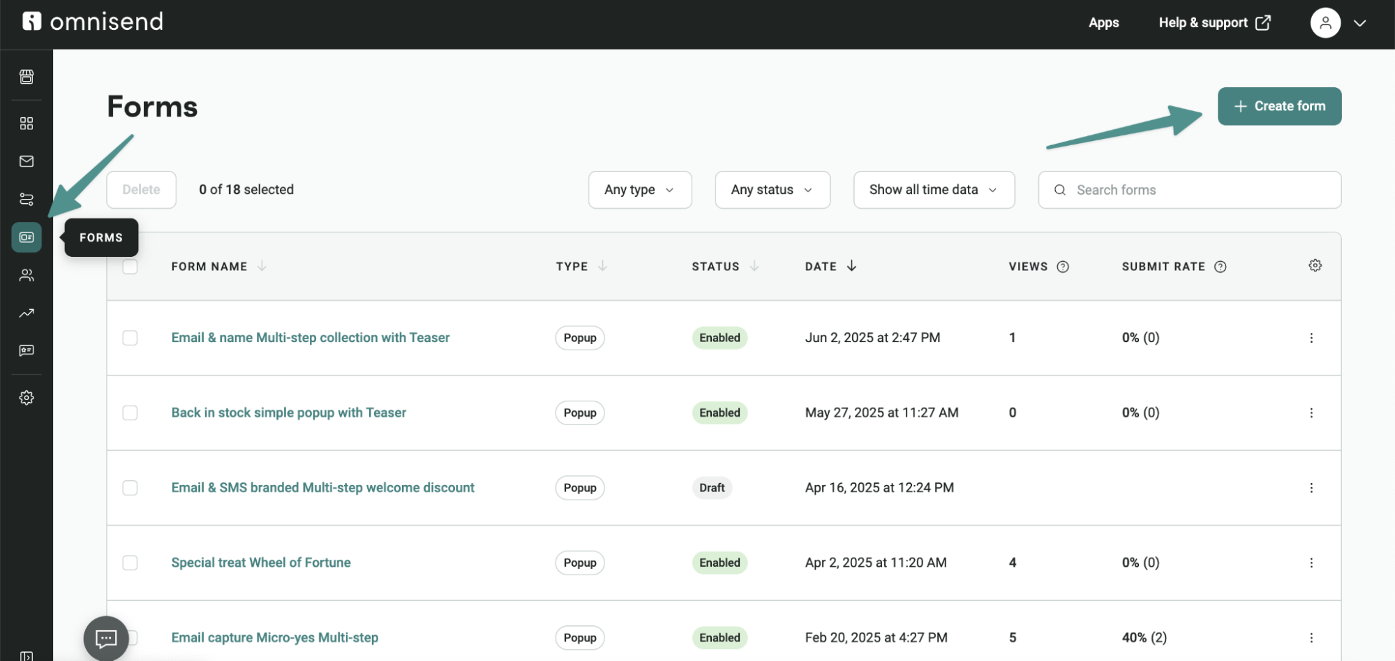 Shopify notify when back in stock: A screenshot of the Omnisend dashboard shows the Forms page with a list of email forms. A green arrow points to the + Create form button in the top right corner. Another arrow highlights the FORMS tab on the left sidebar.
