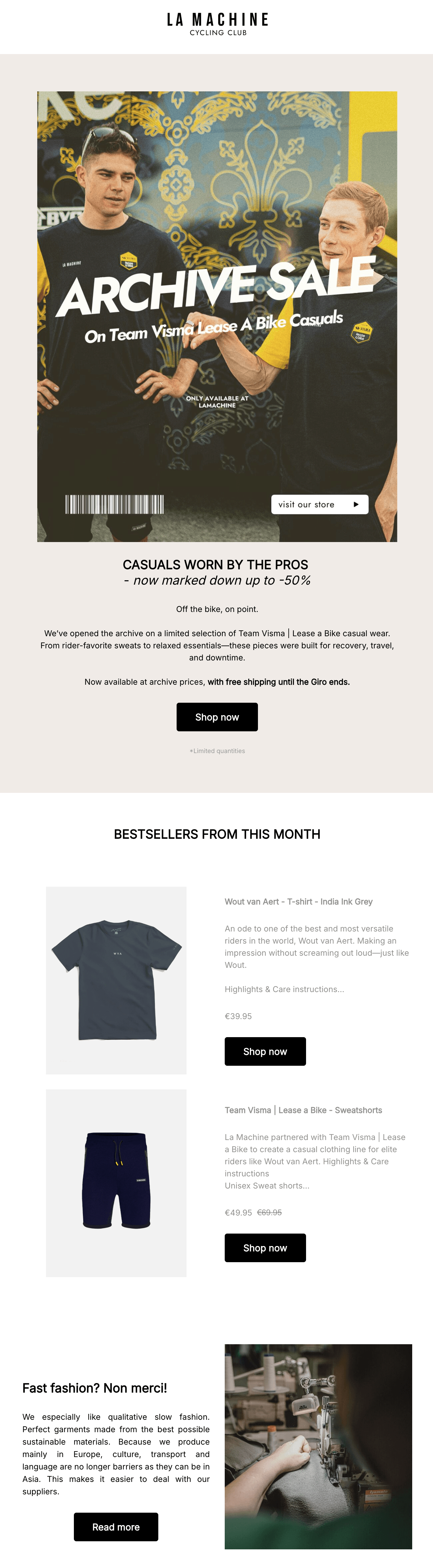 Email design best practices: Two people wear sports polos and stand smiling in front of a fleur-de-lis wall. Large text reads “ARCHIVE SALE.” Below are sections for shop links, monthly bestsellers with product images, and an article on sustainable fashion.