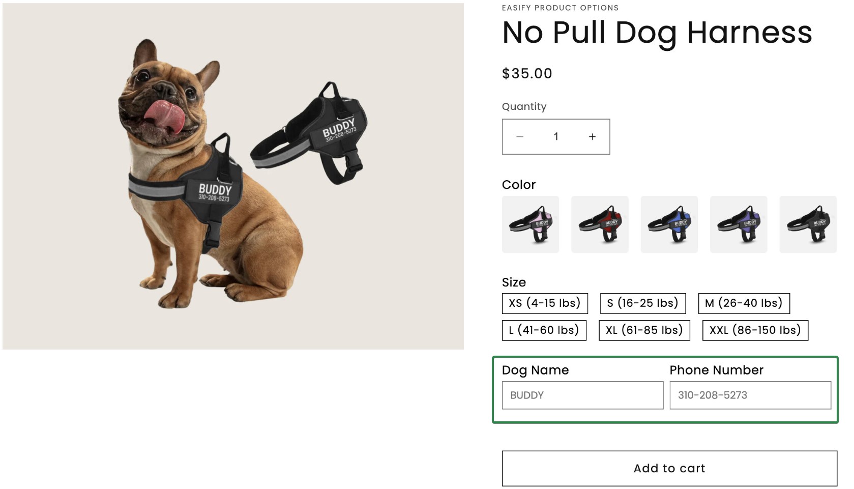 Shopify personalized products: A brown French Bulldog wears a black Buddy no-pull dog harness. Product options for size, color, dog name, and phone number are shown next to the image, along with the price and an Add to cart button.