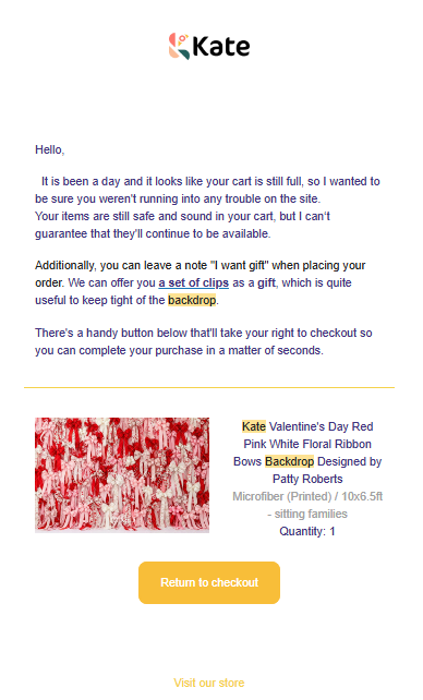 Shopify marketing automation: An email from Kate about an abandoned cart, offering a set of clips or a backdrop as a gift. Includes an image of a Valentines Day ribbon bows backdrop and a yellow Return to checkout button.