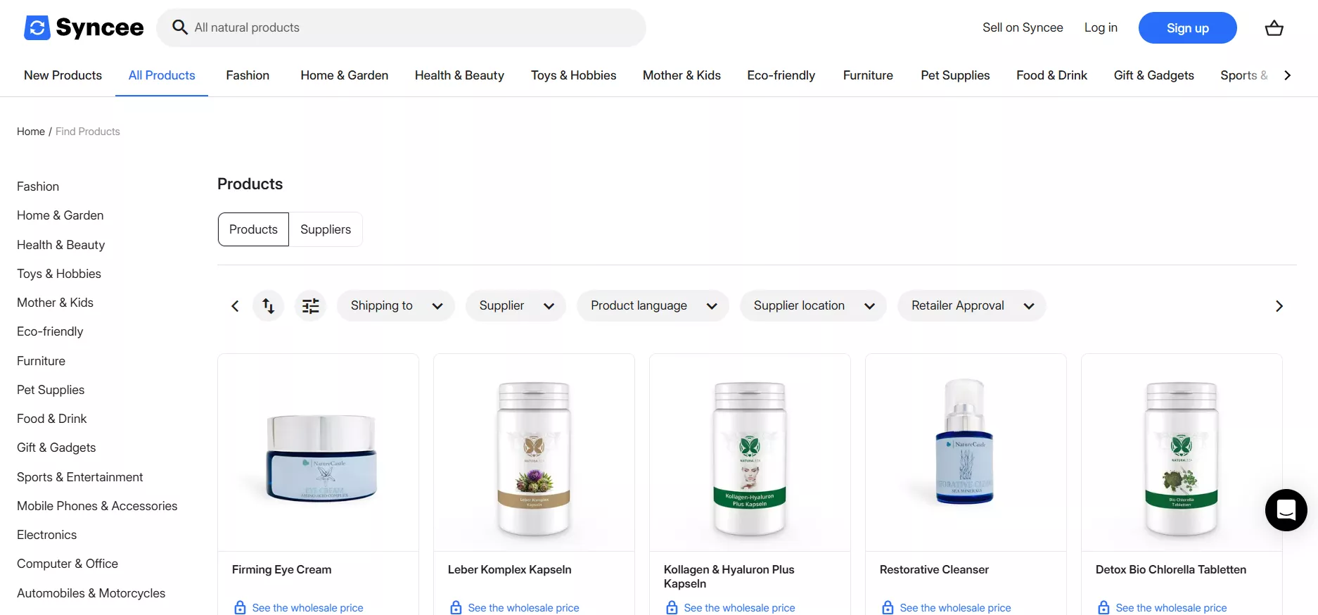 Best dropshipping apps for Shopify: Screenshot of the Syncee website showing listed natural cosmetic products, including jars and bottles, with filters for shipping, supplier, product language, supplier location, and retailer approval.