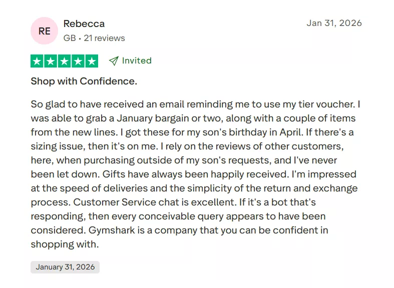 Shopify stores: A Trustpilot review by Rebecca, dated Jan 31, 2026, praises Gymsharks customer service, ease of returns, and overall reliability, with a 5-star rating and a note that Rebecca was invited to review.