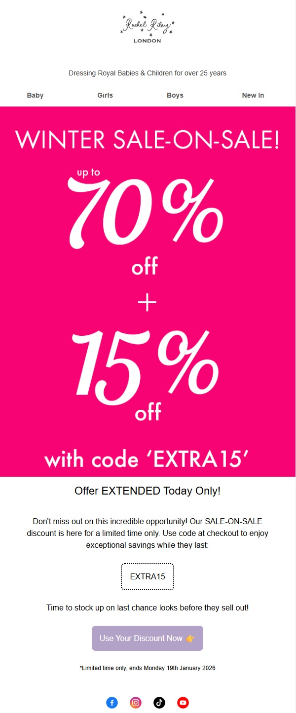 Email marketing examples: Promotional email for a childrens clothing store featuring a pink banner with Winter Sale-On-Sale! Up to 70% off + 15% off with code ‘EXTRA15’ in white text, and a button for extra discounts.