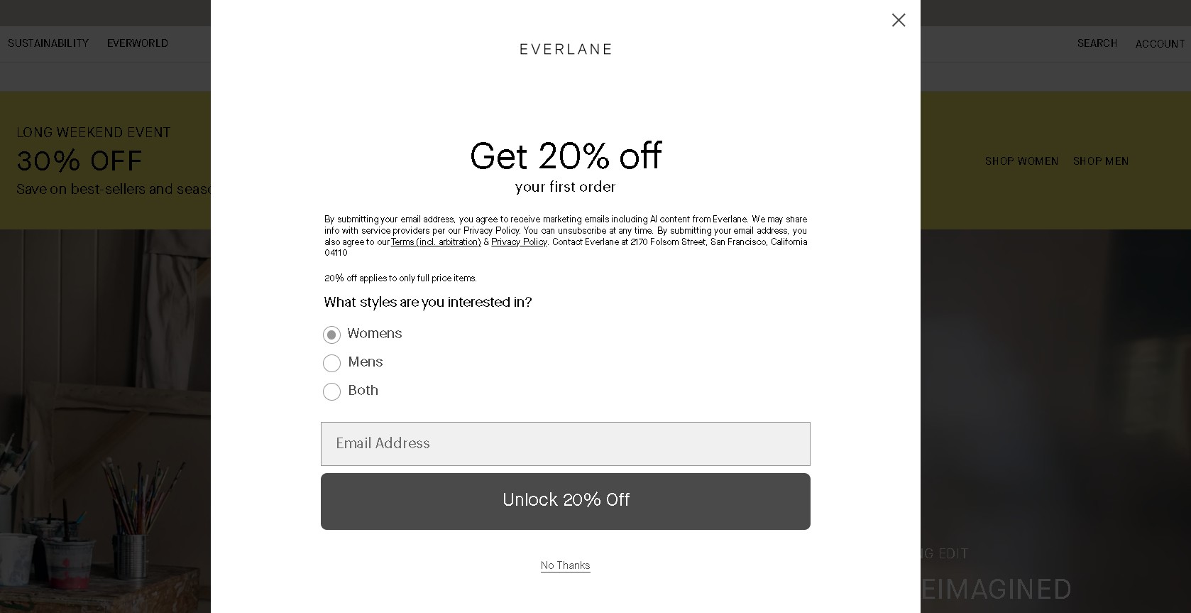 WordPress popup plugins: A popup window on the Everlane website offers 20% off the first order. It asks if you are interested in womens, mens, or both, then requests an email address with a button to unlock the offer.