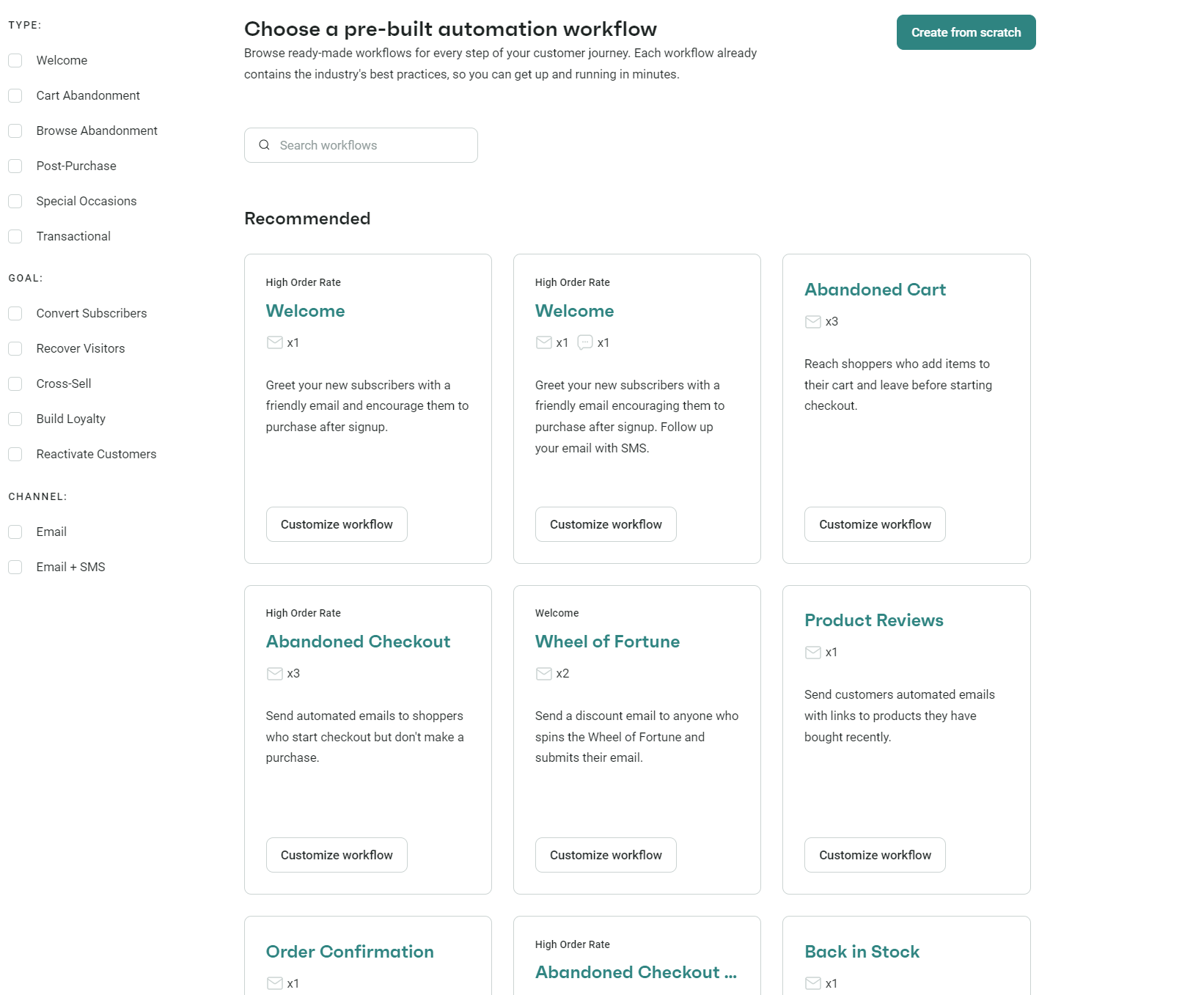 Brevo vs. MailerLite: A website screen displaying a selection of pre-built automation workflows, each in a white box with a title, short description, and Customize workflow button. Categories include Welcome, Abandoned Cart, and Product Reviews.