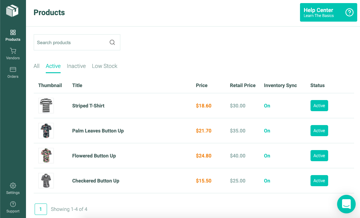 Best dropshipping apps for Shopify: A dashboard screen shows a product list with thumbnails, titles, prices, and status. Four shirts are listed: Striped T-Shirt, Palm Leaves Button Up, Flowered Button Up, and Checkered Button Up—all marked as Active.