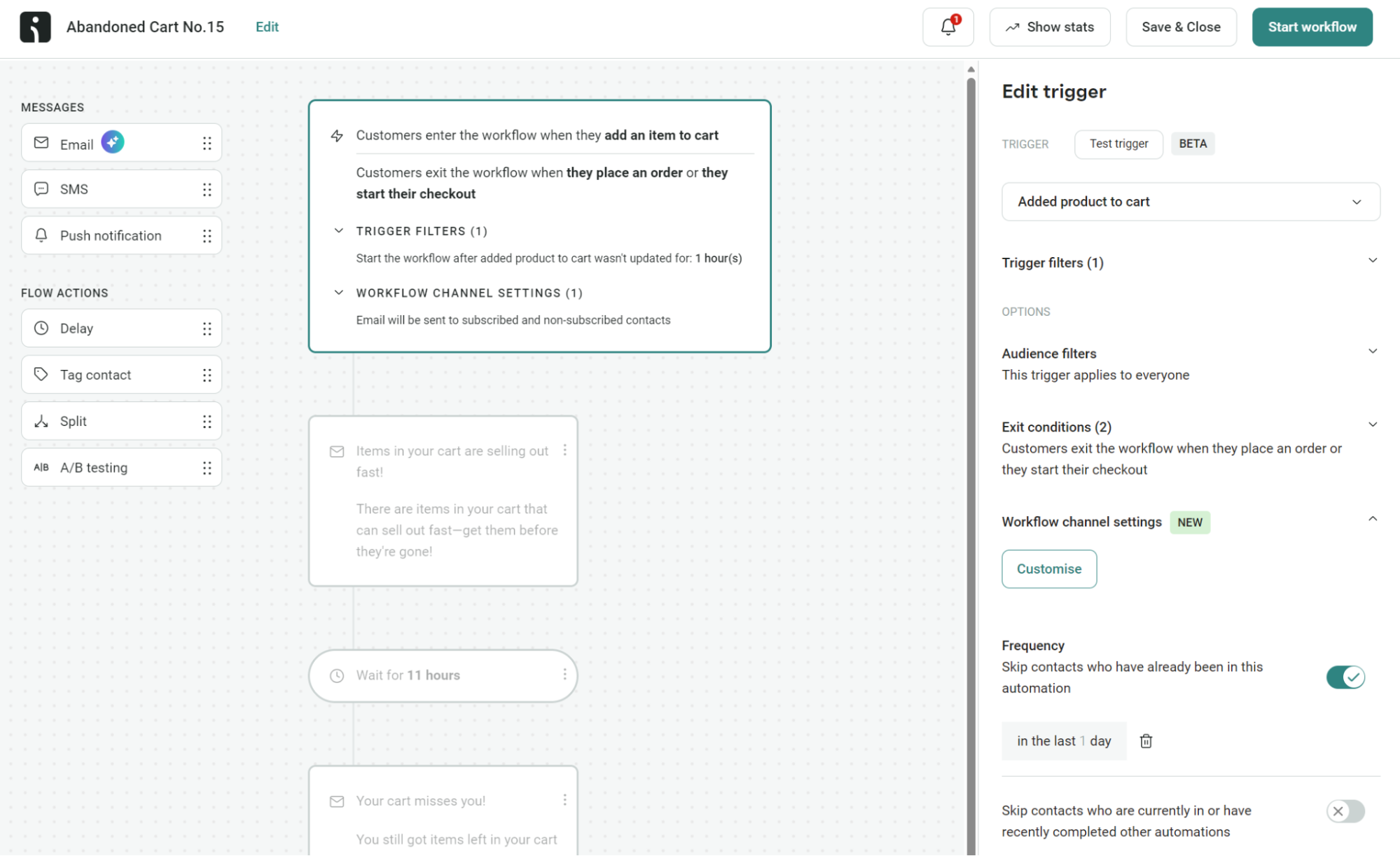 Abandoned cart email: Screenshot of an email automation platform showing the setup for an Abandoned Cart workflow. The Edit trigger panel is open, displaying settings for when contacts are added after adding a product to their cart.