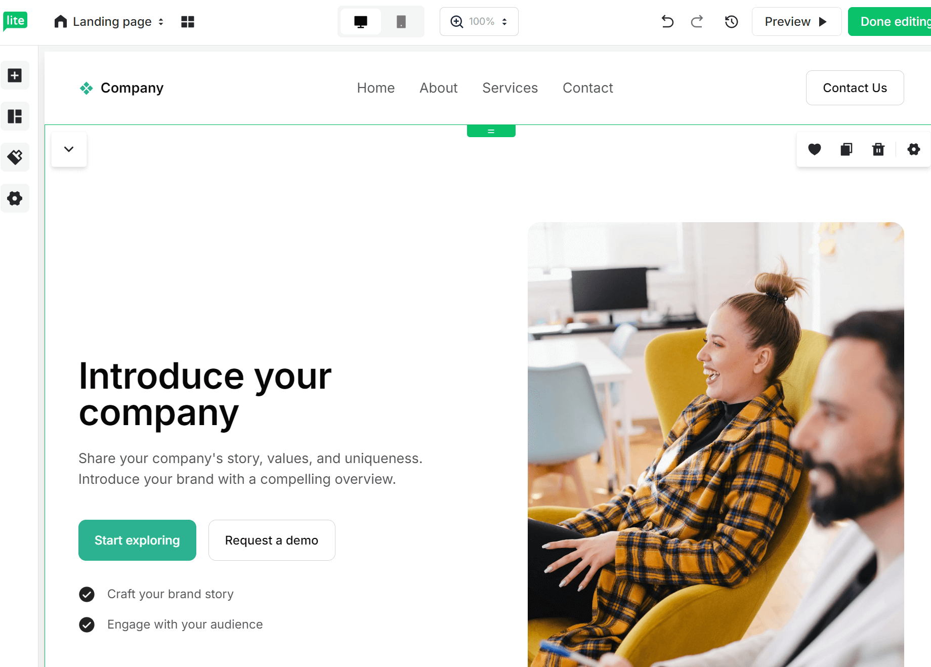 Brevo vs. MailerLite: A website builder interface displays a company landing page. The page features a header, navigation bar, and a main section with the headline Introduce your company, buttons, and a photo of two people smiling in an office setting.