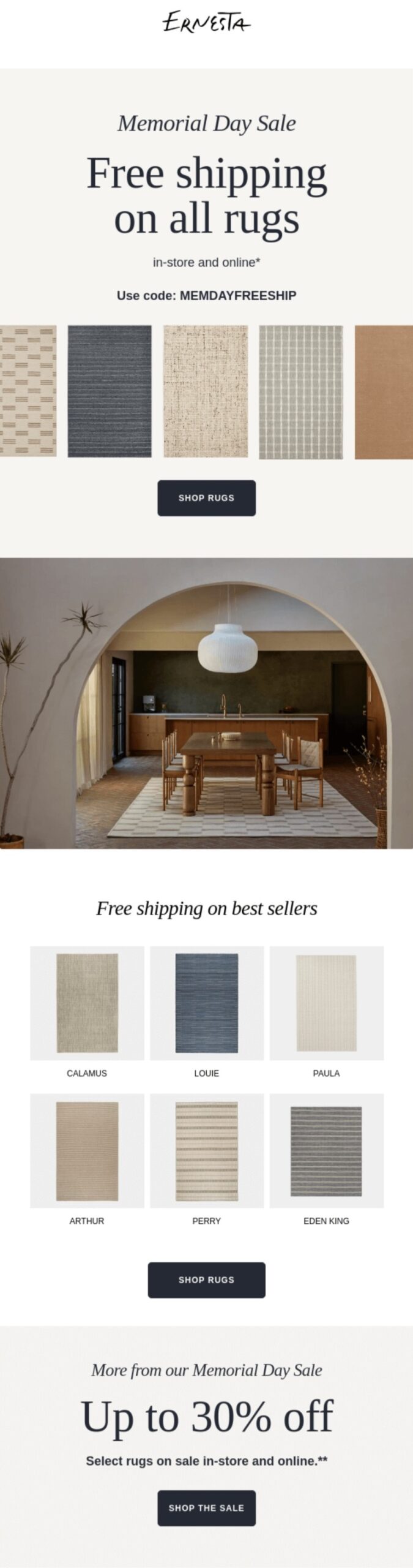 Email marketing examples: A Memorial Day sale ad from Ernesta offers free shipping on all rugs and up to 30% off select rugs. The ad features images of different rug patterns and a modern dining room with a round table and arched doorway.