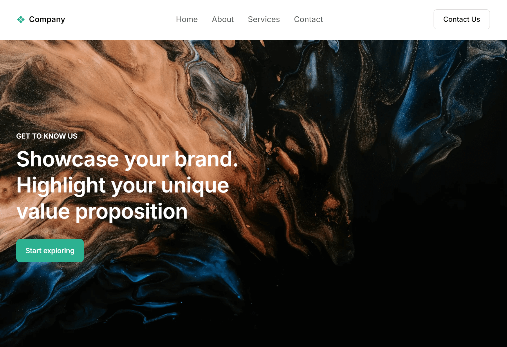Brevo vs. MailerLite: Homepage of a company website with a swirling abstract brown and black background. White text promotes showcasing your brand and unique value. A green “Start exploring” button appears in the lower left. Navigation bar is at the top.