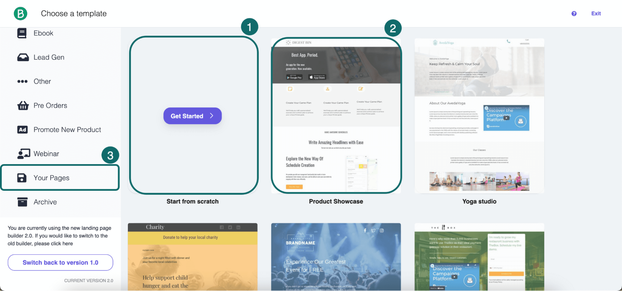 Brevo vs. MailerLite: A website builder interface showing template options, including “Start from scratch,” “Product Showcase,” and “Yoga studio.” The sidebar highlights “Your Pages.” The top left has “Choose a template” with several categories listed.