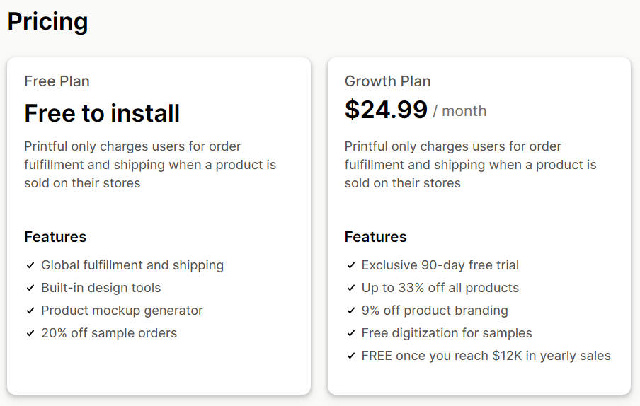 Best dropshipping apps for Shopify: Pricing comparison for Printful: Free Plan offers free installation with global shipping, design tools, and mockup generator. Growth Plan is $24.99/month with discounts, branding, and digitization perks.