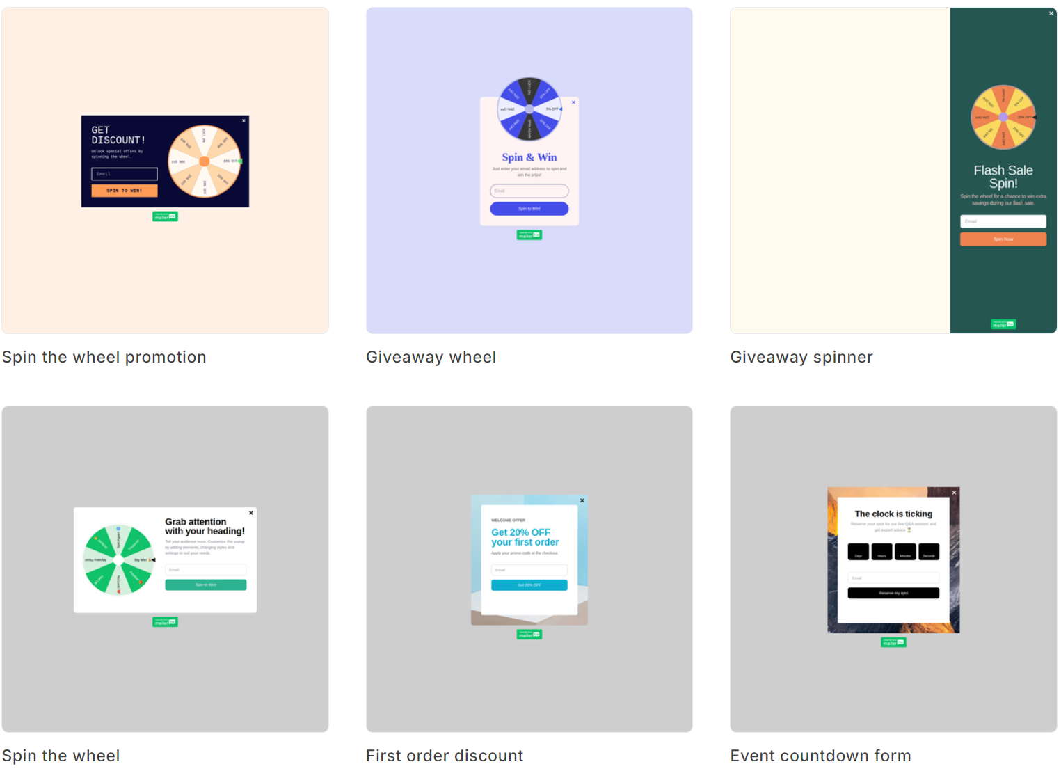 Brevo vs. MailerLite: A grid of six promotional pop-up templates including spin wheels, giveaway wheels, a flash sale spinner, a first order discount, and an event countdown form, each with different colors and layouts.