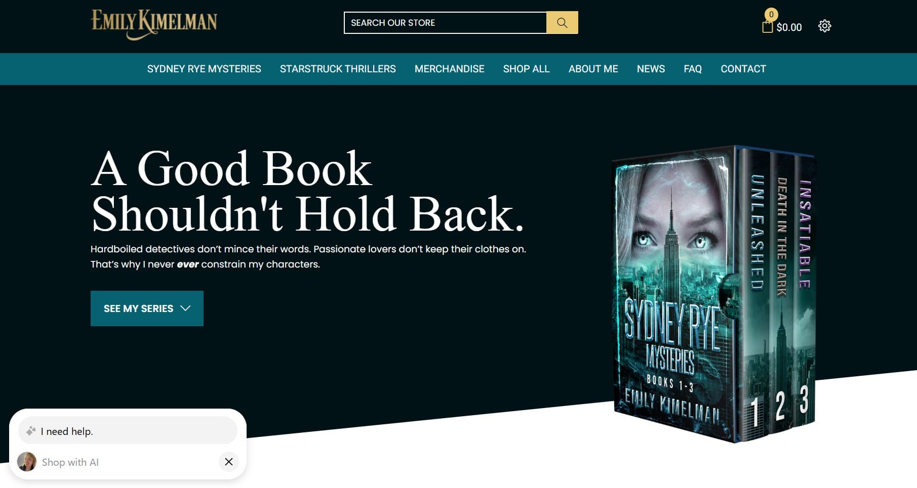 Shopify ebook store: A website homepage for Emily Kimelman featuring book covers from the Sydney Rye Mysteries series and the slogan, A Good Book Shouldnt Hold Back. A navigation menu is at the top.