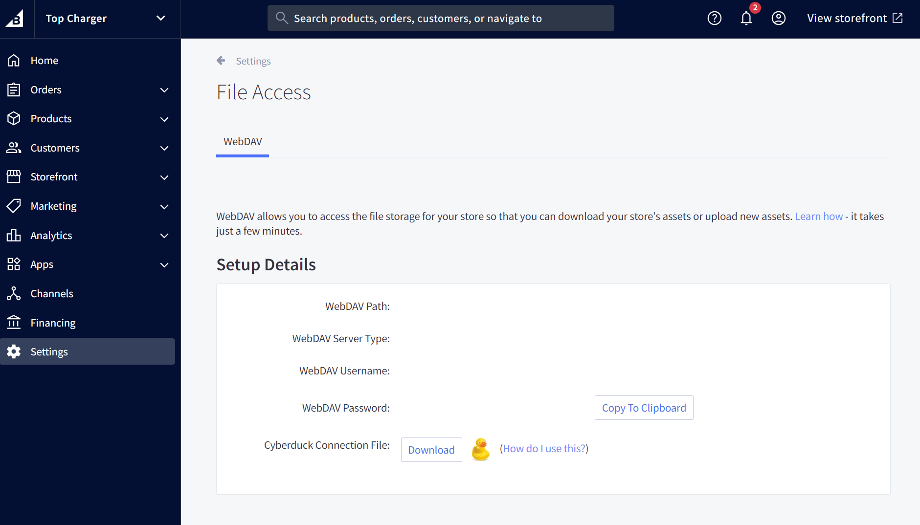 BigCommerce to WooCommerce migration: Screenshot of a web dashboard showing File Access settings for WebDAV, including path, server type, username, password, and a download link for the Cyberduck connection file. Navigation menu is on the left.