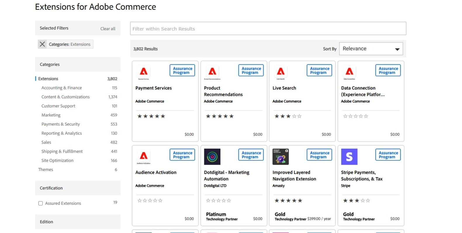 Magento vs Shopify: Screenshot of the Extensions for Adobe Commerce marketplace, showing filters on the left and a grid of various extension options with ratings, prices, and Assurance Program labels on the right.