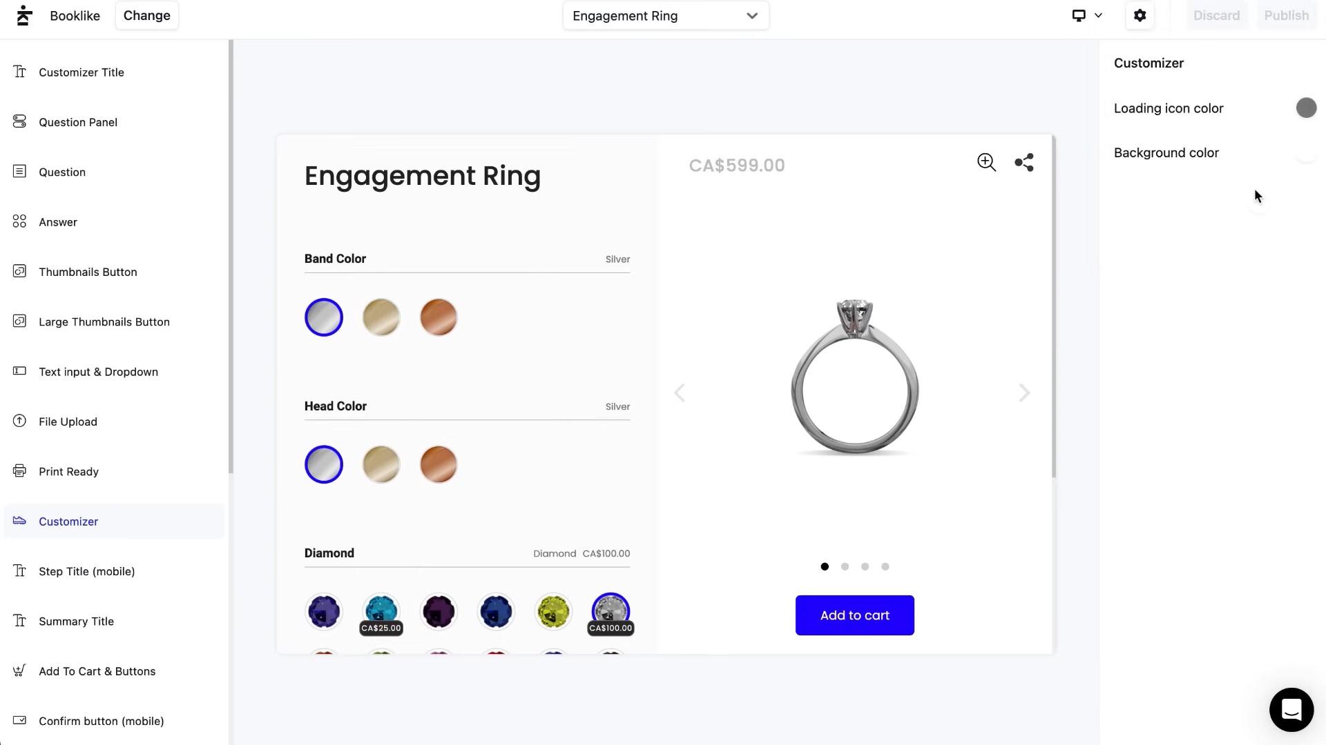 Shopify personalized products: A website interface for customizing an engagement ring displays options for band color, head color, and diamond type on the left, a 3D ring preview in the center, and customization settings on the right.