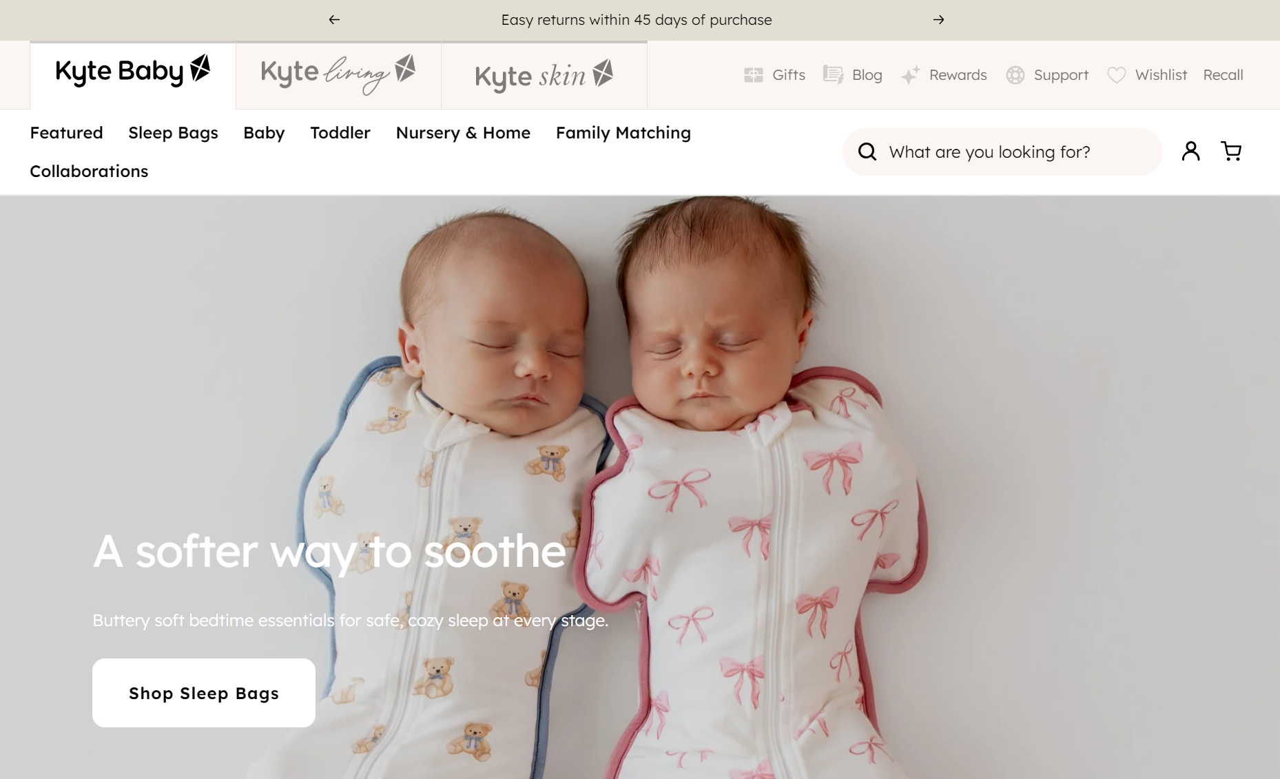Shopify baby store: Kyte Baby home page