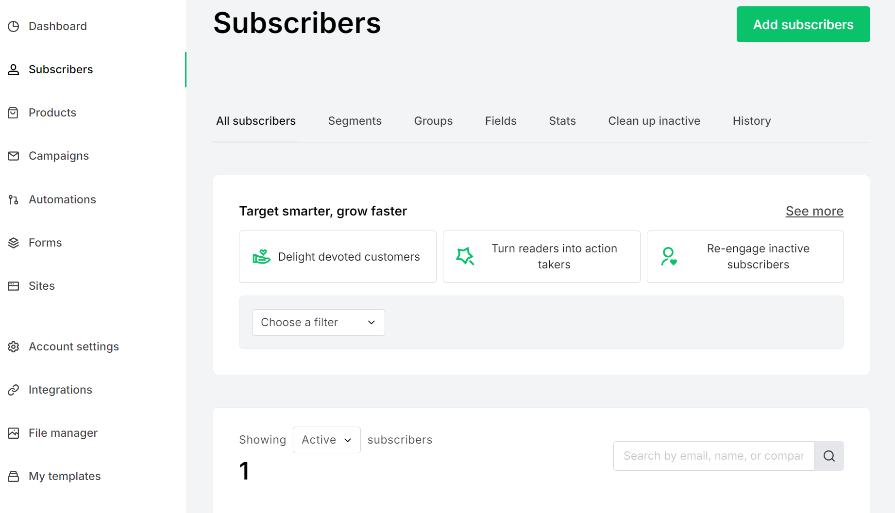Brevo vs. MailerLite: A dashboard screen displaying the Subscribers section of an email marketing platform, with options to add subscribers, filter lists, and tabs for segments, groups, fields, stats, and cleaning up inactive users.