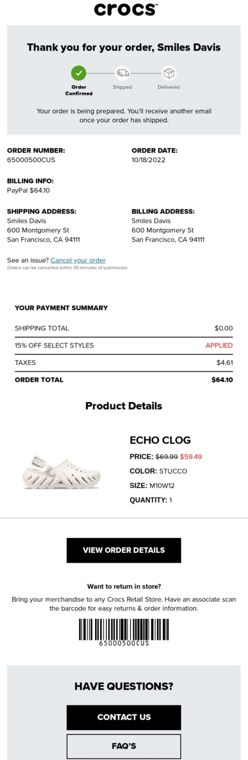 Email marketing examples: An order confirmation email from Crocs for a pair of Echo Clog shoes in size M10/W12, showing order total, shipping details, billing address, and customer support options.