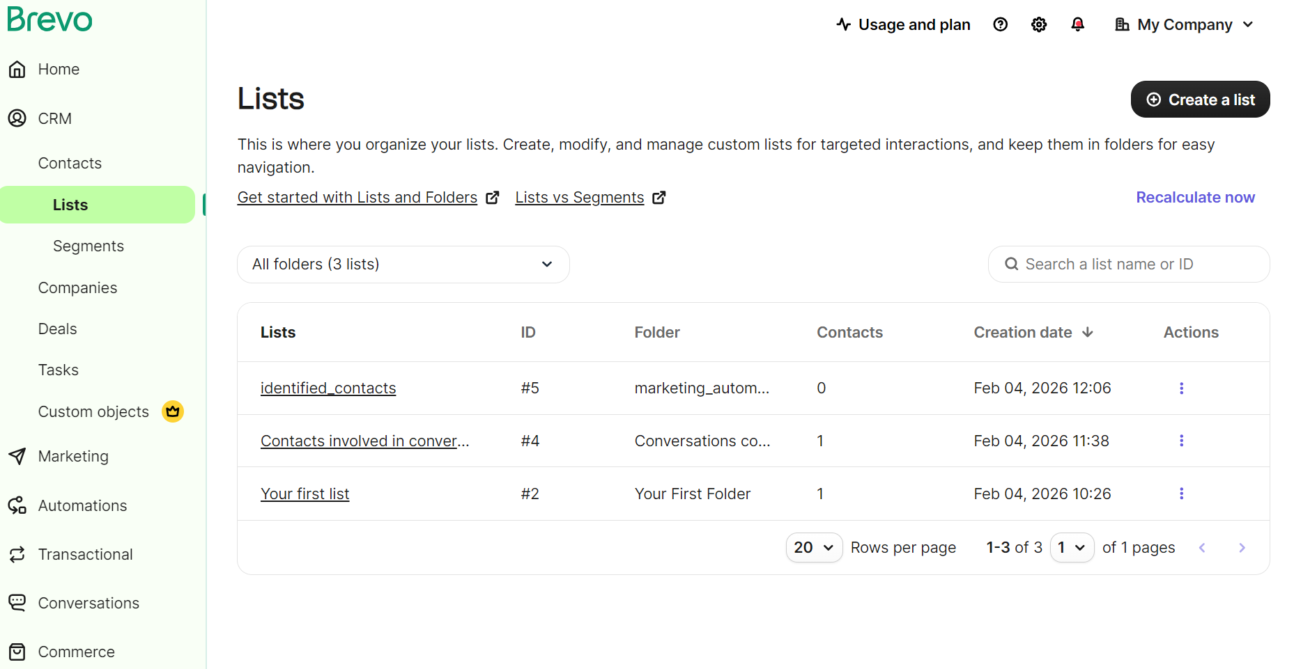 Brevo vs. MailerLite: A dashboard from Brevo showing a Lists page with three contact lists, their IDs, folders, contact counts, creation dates, and action icons. The sidebar menu on the left has various navigation options.