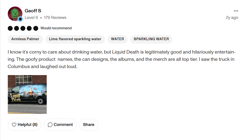 Shopify stores: A review for Liquid Death water shows a user praising the brands humor and marketing, with an image of a Liquid Death truck parked on a street, featuring the brands dramatic logo and artwork on its side.