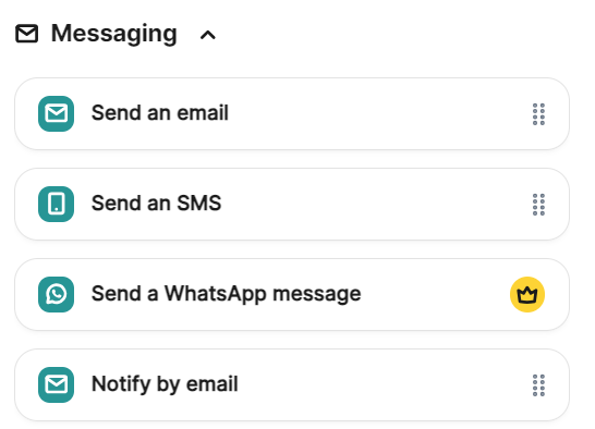 Brevo vs. MailerLite: A list of messaging options: Send an email, Send an SMS, Send a WhatsApp message (with a crown icon), and Notify by email. Each option has an icon on the left and a menu button on the right.