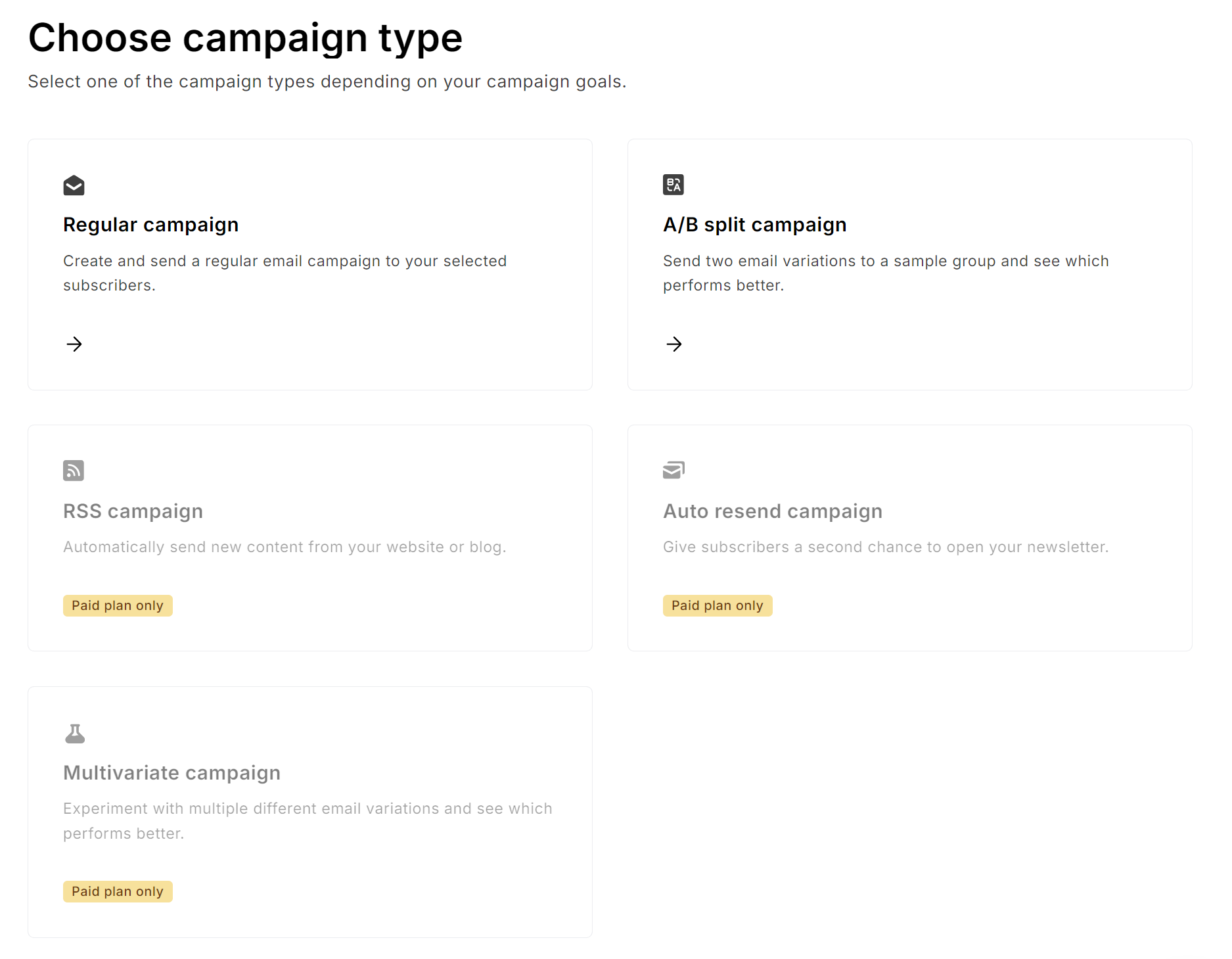 Brevo vs. MailerLite: Screenshot of a user interface displaying options for different campaign types: Regular campaign, A/B split campaign, RSS campaign, Auto resend campaign, and Multivariate campaign. Some options are labeled Paid plan only.