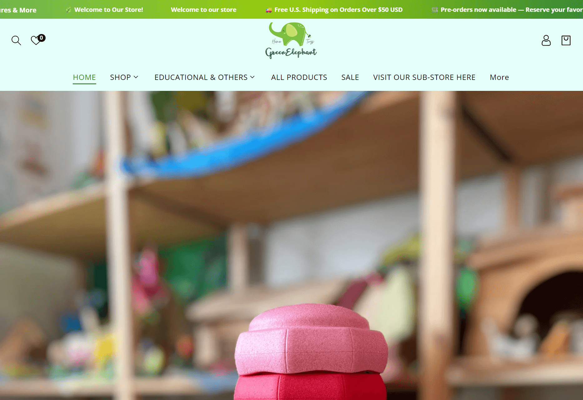 Shopify toy store: Green Elephant home page